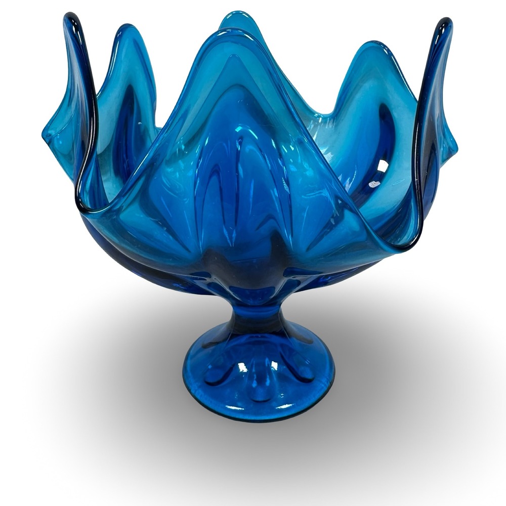 Vintage VIking Bluenique Blue Swung Glass Handkerchief‎ Bowl Vase MCM Art Glass